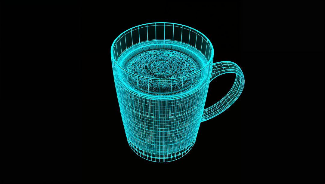 Cyan wireframe mug with concentric liquid mesh neon 3D render on black backdrop, teal glow