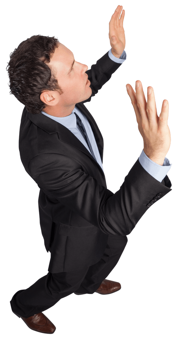 Transparent Businessman Raising Arms Upward