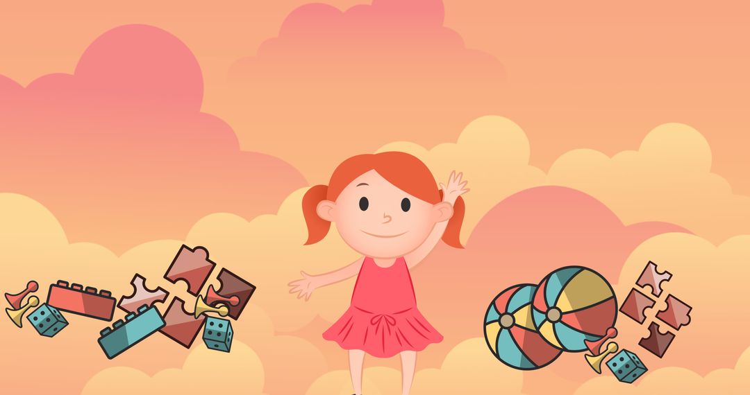 Happy Girl with Toys and Playful Clouds Illustrative Art
