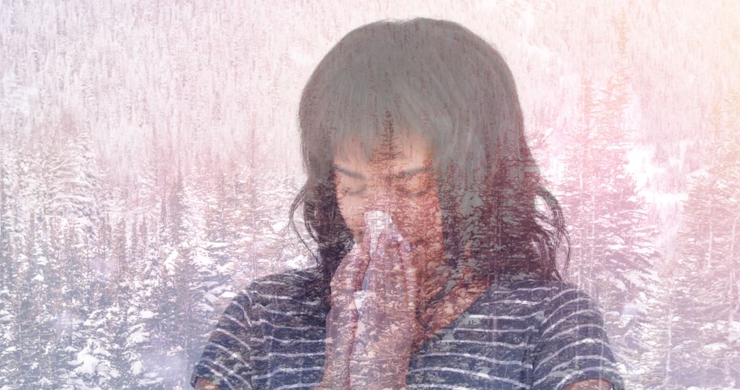 Woman Sneezing with Overlay of Winter Scenic Background