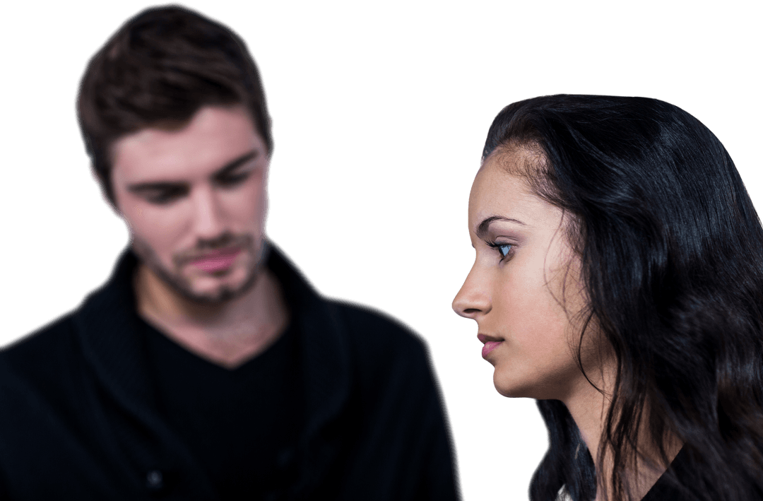 Transparent Couple in Conflict with Pensive Expressions
