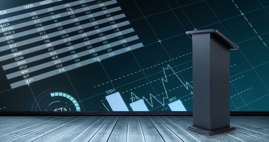 Empty Stage with Digital Financial Data Background