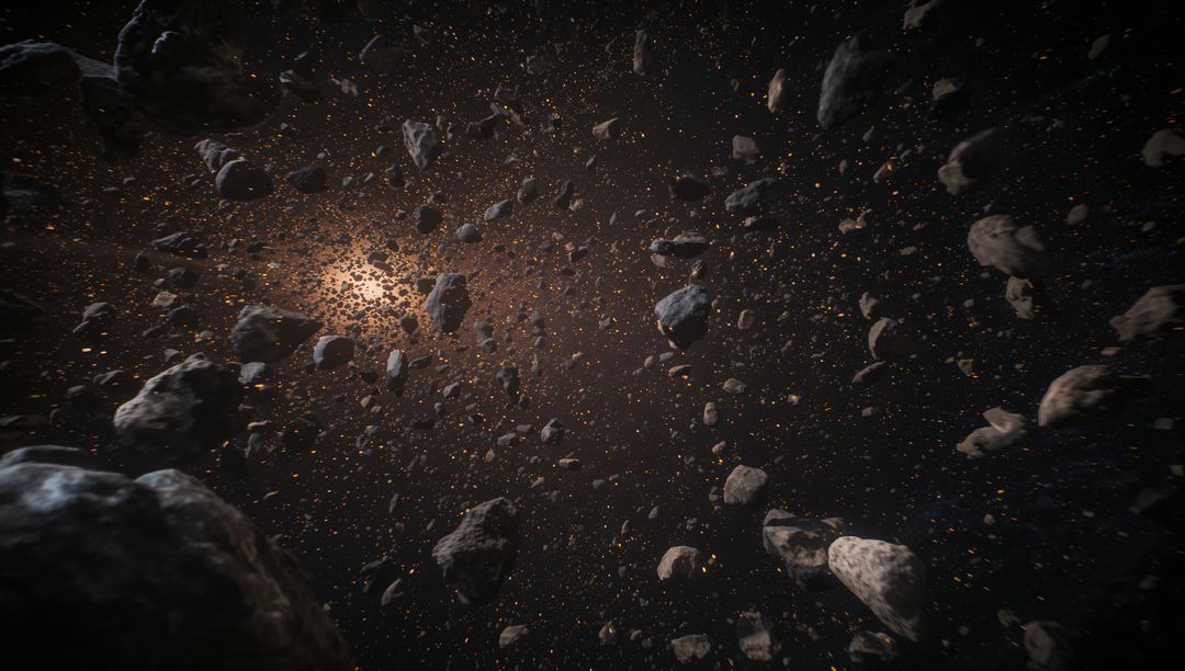Dense asteroid field drifting through deep space, glowing particles and backlit boulders