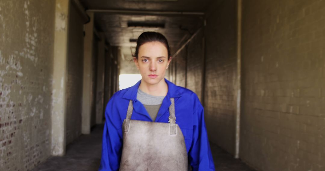 Female Worker Standing in Factory Corridor Wearing Apron - Free Images, Stock Photos and Pictures on Pikwizard.com