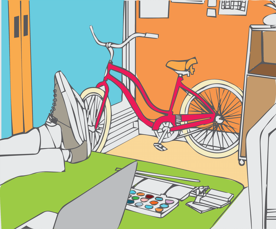 Transparent Colorful Creative Workspace with Bicycle and Art Supplies