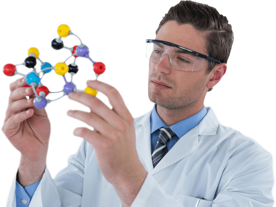 Scientist Analyzing Molecular Model in Transparent Background