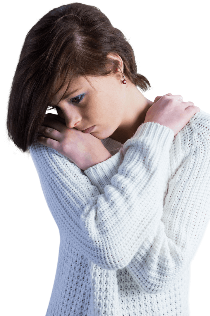Transparent Image of Sad Brunette in Thought with Arms Crossed