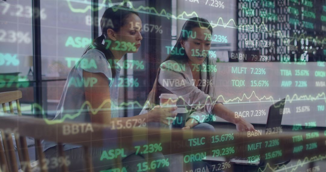Diverse Businesswomen Analyzing Data with Stock Market Overlay
