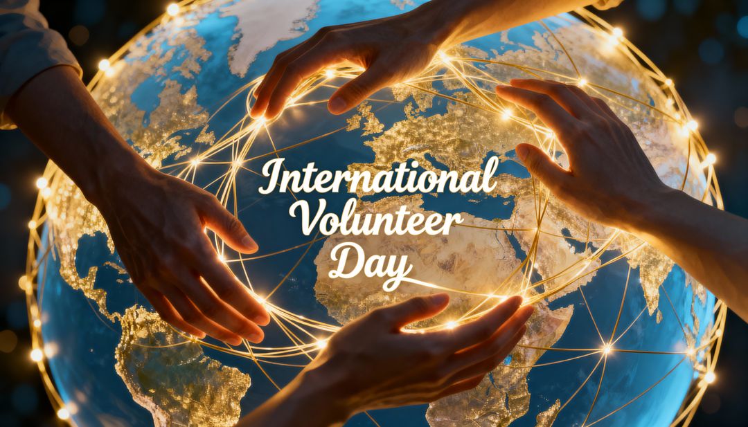 Hands Connecting Illuminated Global Network on Globe for International Volunteer Day