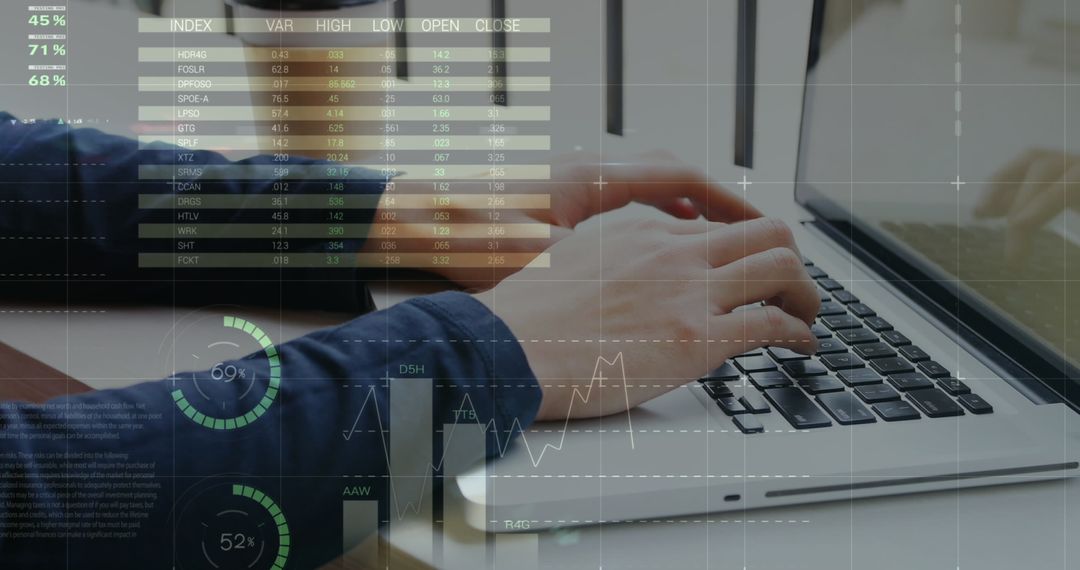 Man Analyzing Data with Laptop and Graphics Overlay