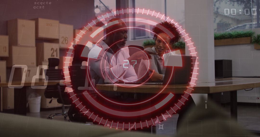 Business Team Engaging in Strategic Planning Session with Tech Overlay