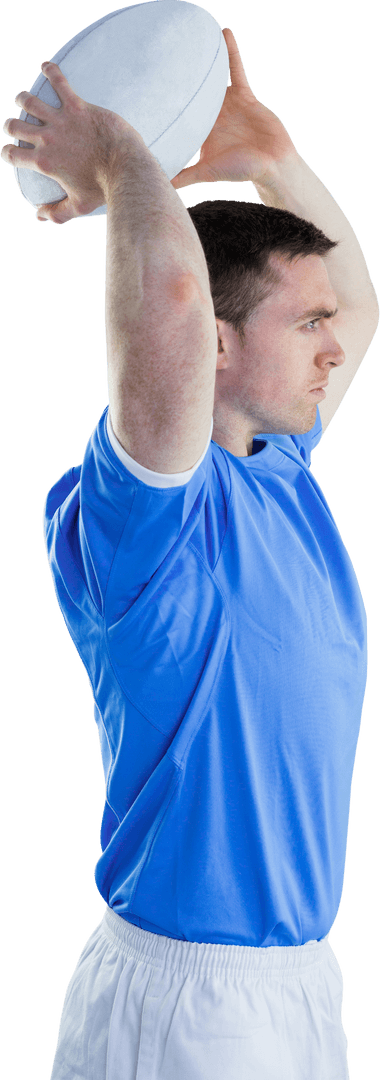 Frustrated Rugby Player Holding Ball Overhead on Transparent Background