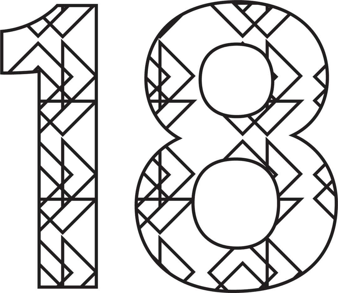 Decorative Black Number 18 with Geometric Pattern on Transparent Background