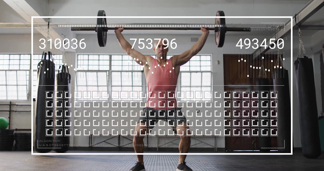 Digital Analytics Overlay on Man Lifting Barbell at Gym