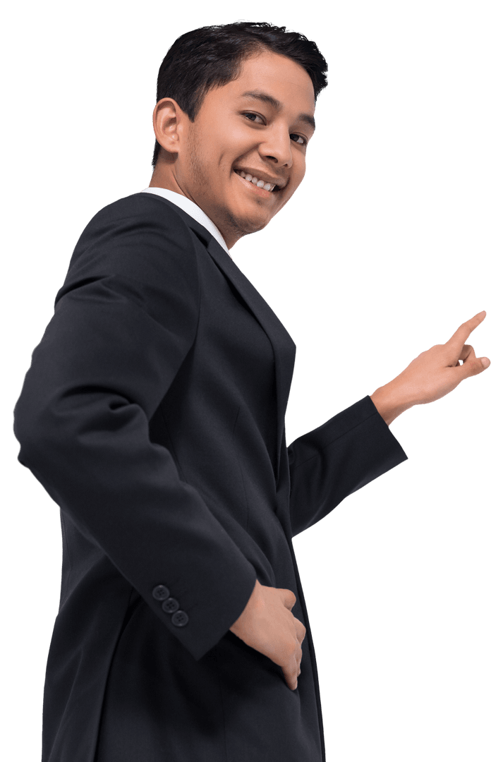 Confident Asian Businessman Pointing Forward on Transparent Background