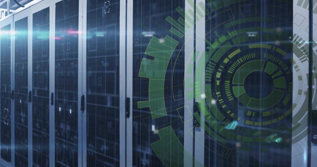 Futuristic Server Room with Data Processing Graphics