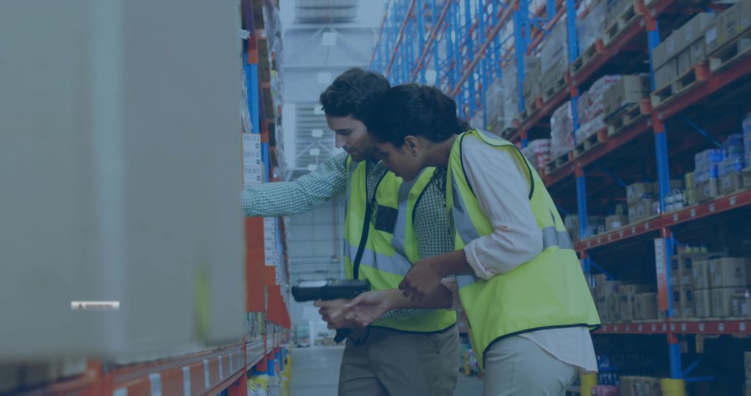 Warehouse team scanning inventory in tall racking aisle using handheld barcode scanner