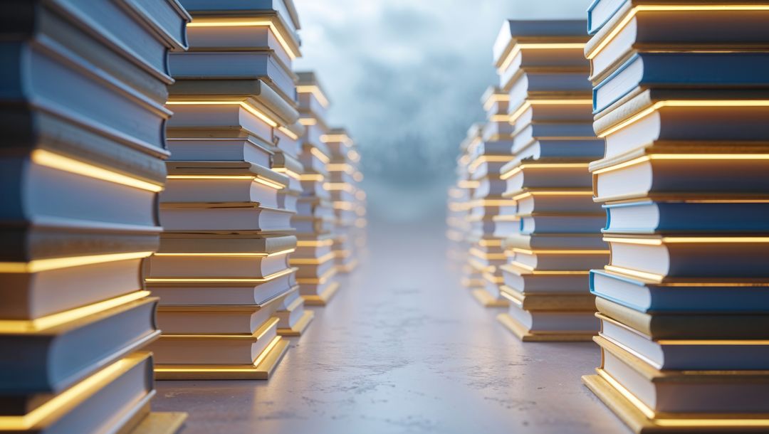Stacks of Books with Glowing Edges in Futuristic Corridor