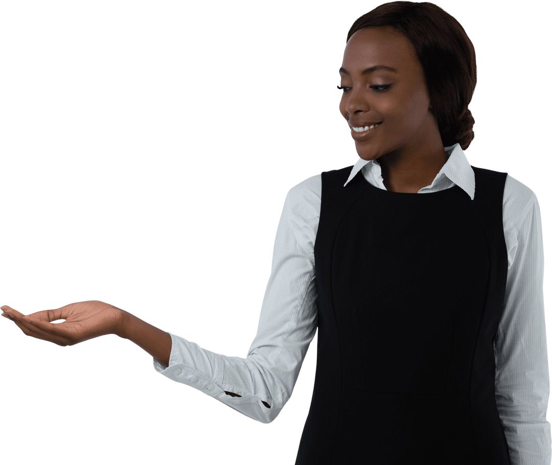 Smiling Young Woman Gesturing with Open Hand on Transparent Background