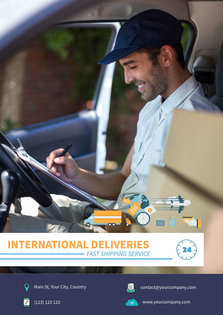 Smiling Delivery Driver Organizing Packages Promoting Reliable Services