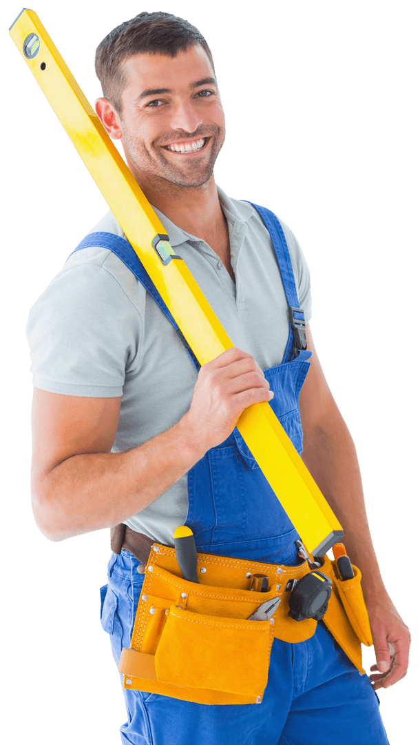 Smiling Caucasian Construction Worker Holding Level on Transparent Background