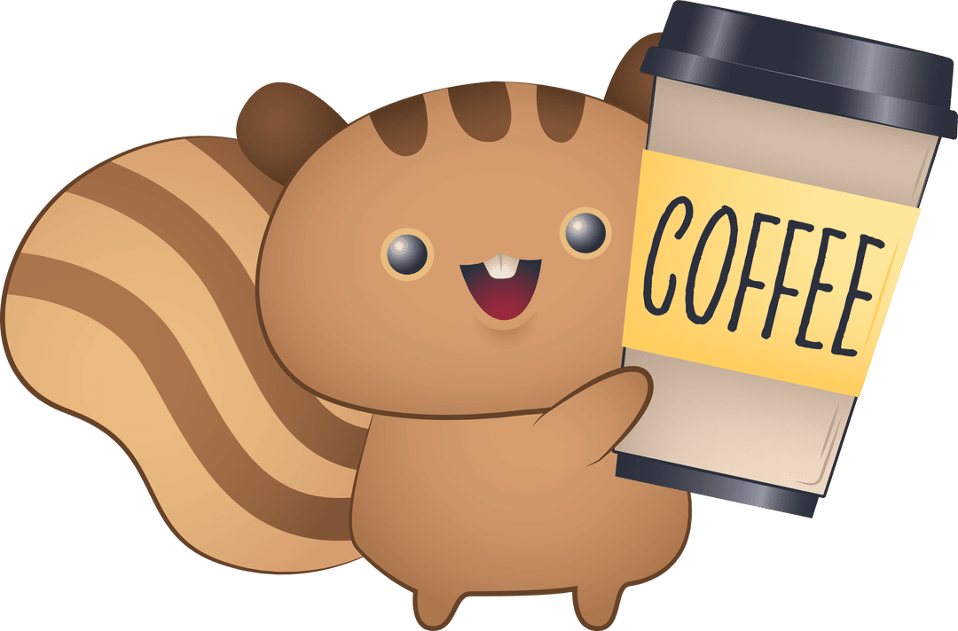 Cheerful Squirrel Holding Coffee Cup on Transparent Background