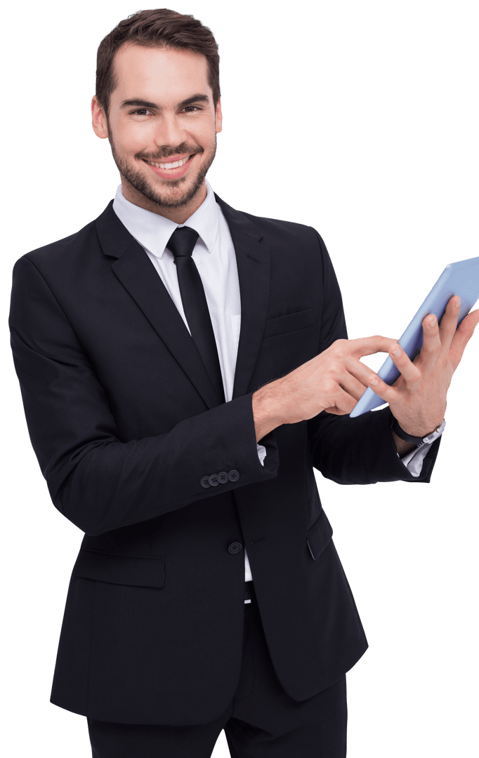 Transparent Professional Businessman Using Tablet with Smile