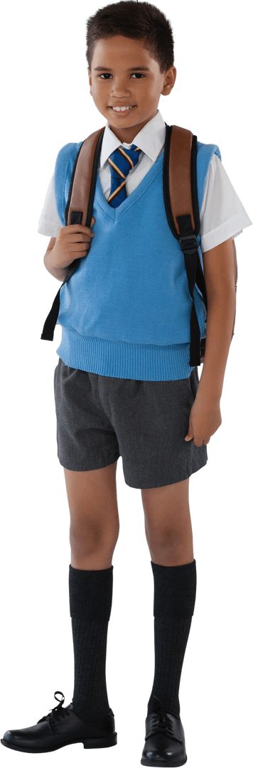 Transparent Background of Smiling Boy in School Uniform with Backpack