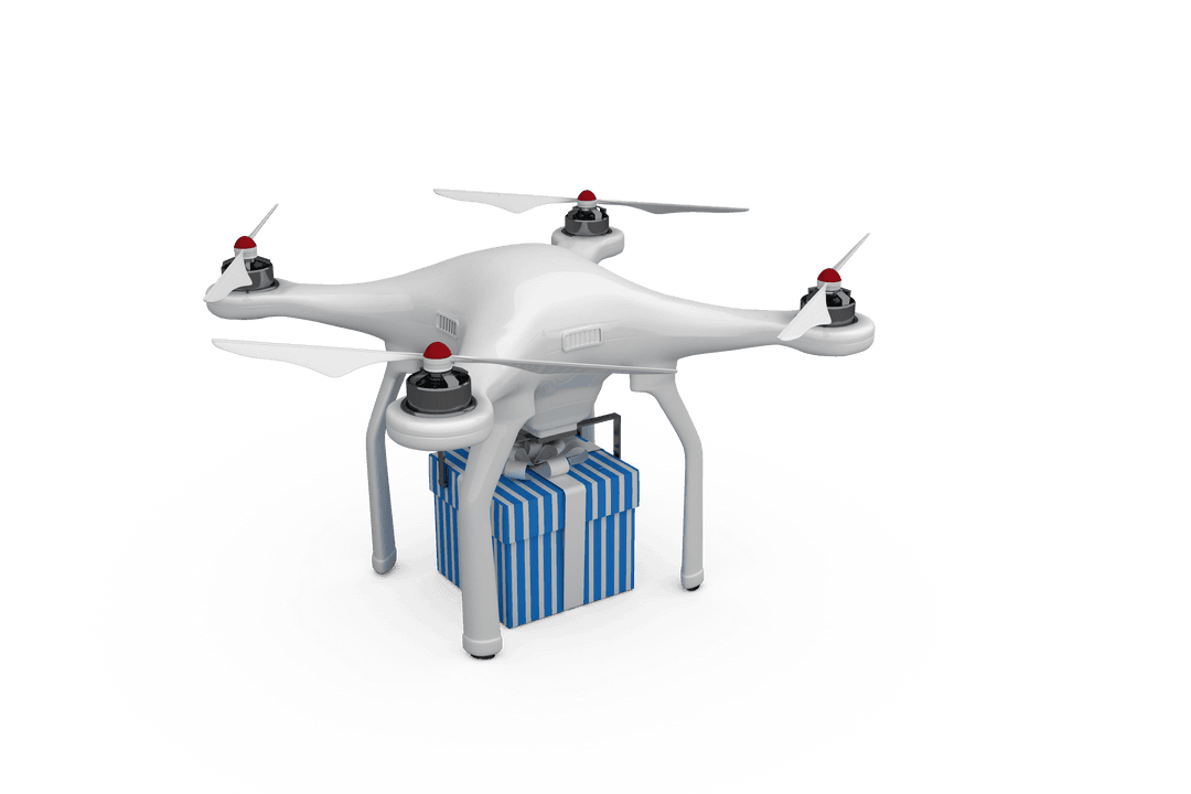 Transparent Delivery Drone Carrying Striped Gift Box High Angle View