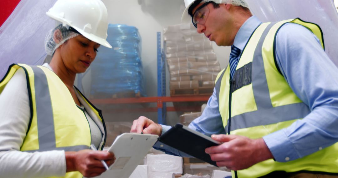 Workers Wearing Safety Gear Holding Clipboards in Warehouse - Free Images, Stock Photos and Pictures on Pikwizard.com