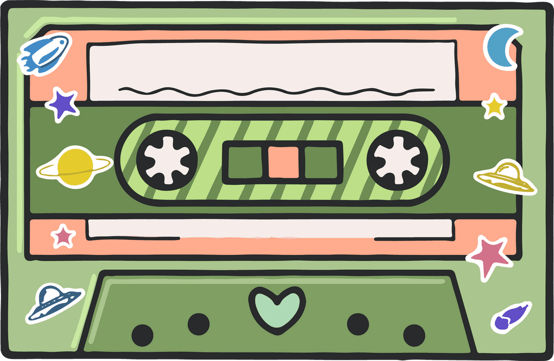 Retro Cassette with Space Stickers on Transparent Background Nostalgic Design