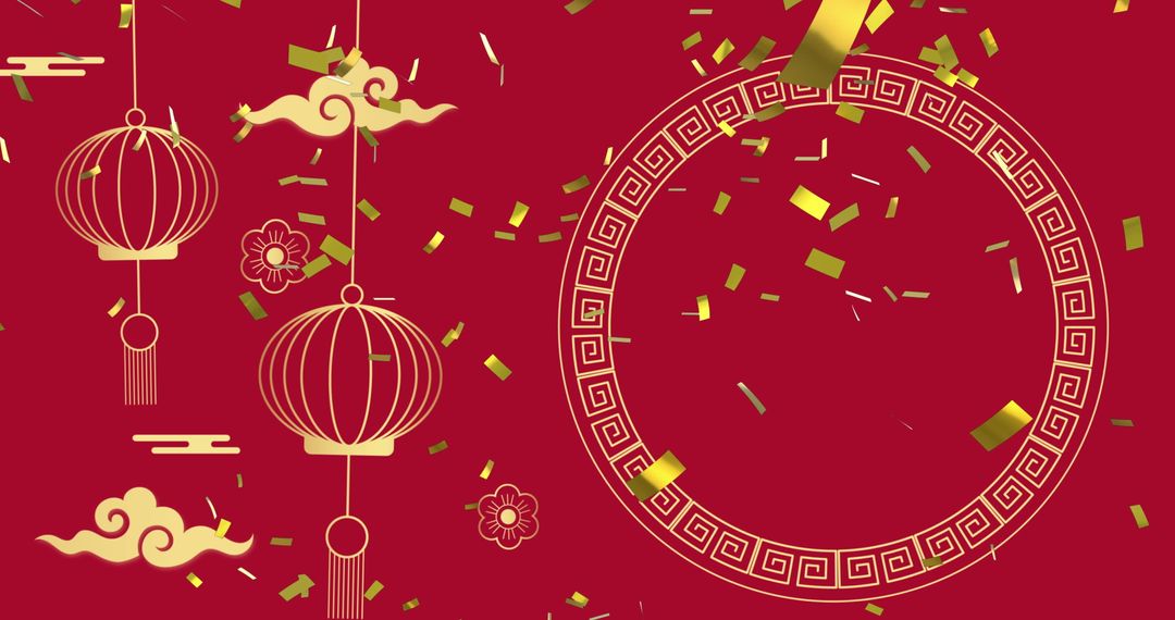 Chinese New Year Decorations with Red Background and Confetti Celebration - Free Images, Stock Photos and Pictures on Pikwizard.com