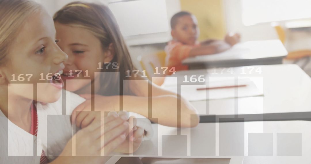 Girls Whispering in Classroom with Overlayed Bar Charts