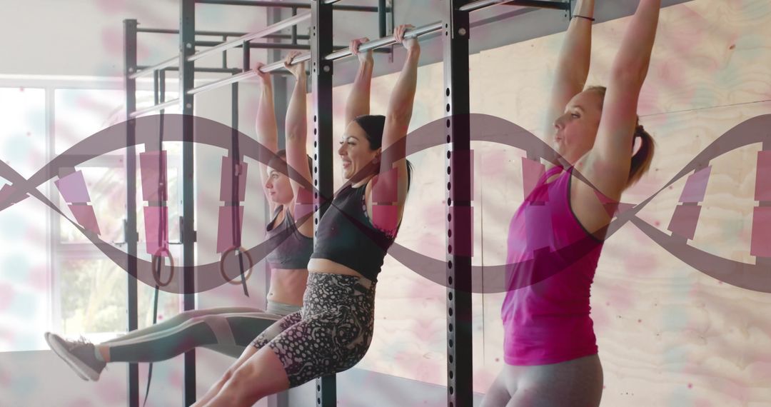 Caucasian Women Exercising with DNA Overlays in Gym Environment