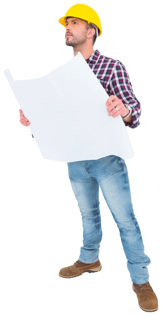 Transparent Architect Holding Blueprint with Thoughtful Expression