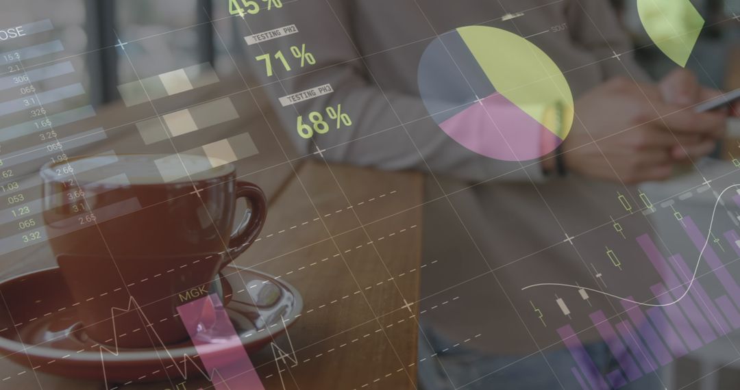 Digital Data Interface Overlaying Coffee and Smartphone