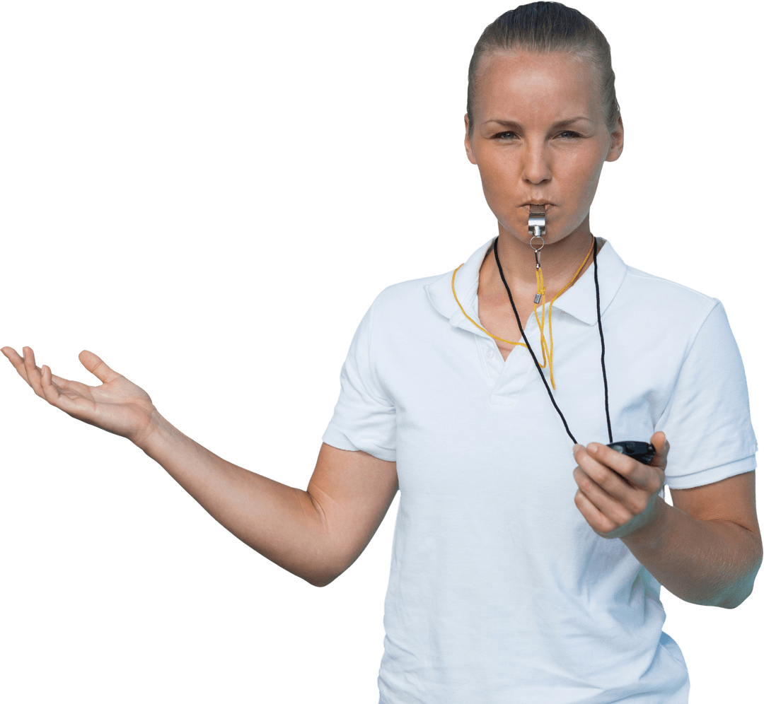 Caucasian Female Coach Blowing Whistle with Stopwatch Transparent Background