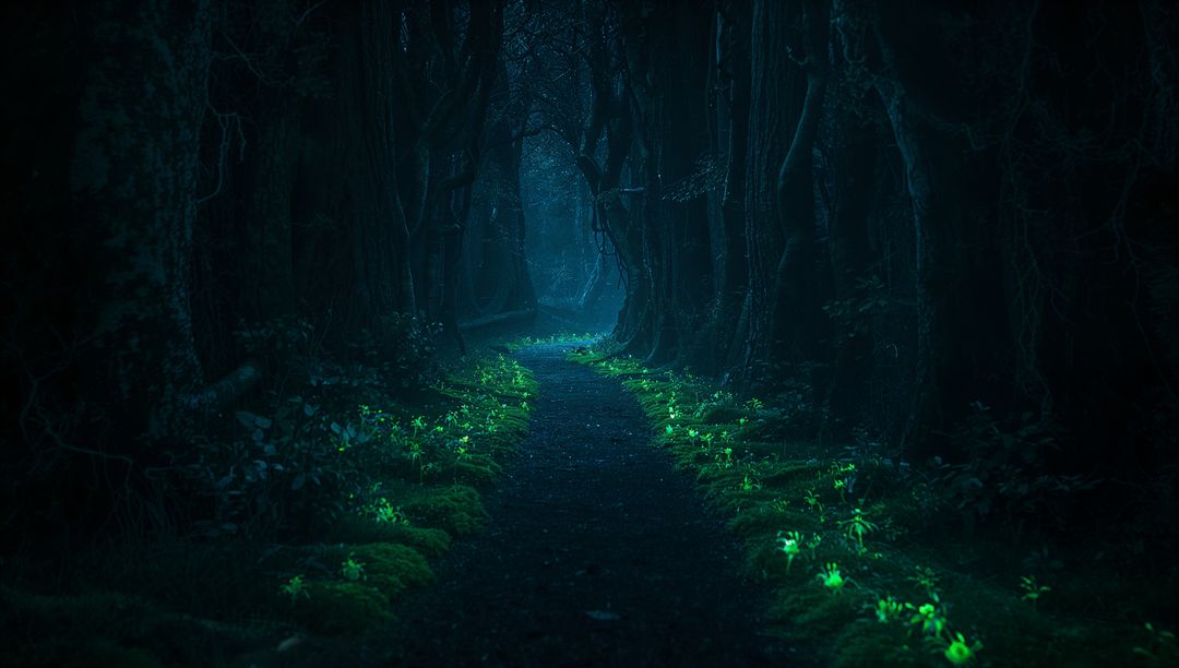Enchanted Forest Pathway with Bioluminescent Plants at Night