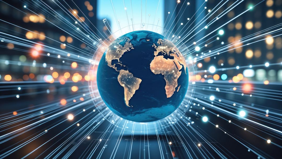 Digital Earth with Radiating Lines Representing Global Connectivity