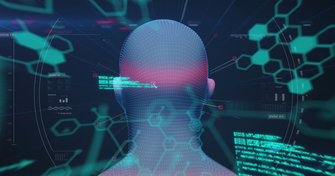 Digital Human Head with Data Processing Visuals