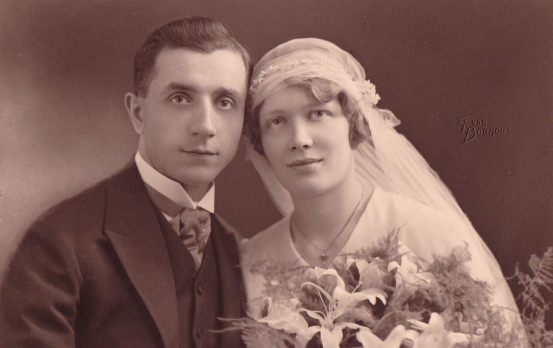 Vintage Wedding Portrait of Bride and Groom in Formal Attire - Free Images, Stock Photos and Pictures on Pikwizard.com