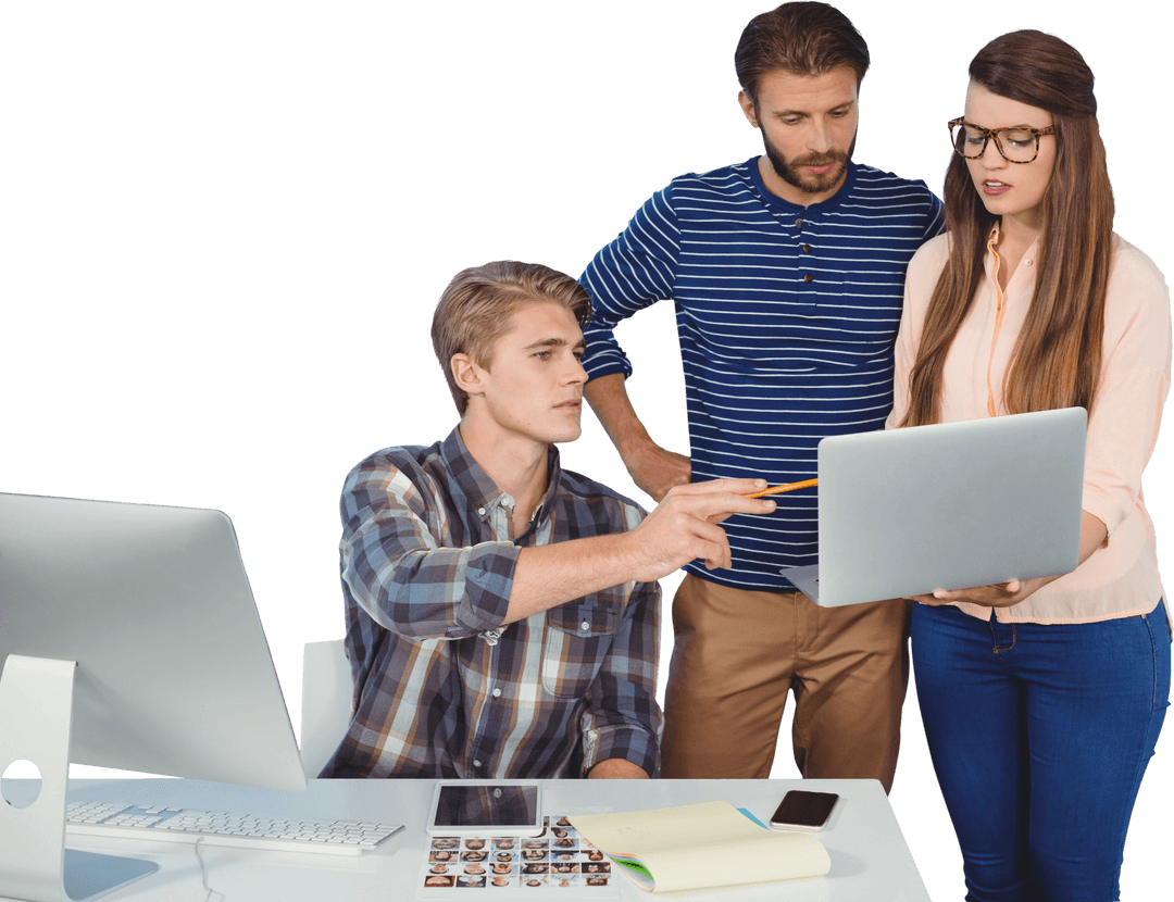Transparent Professionals Collaborating on Laptop in Modern Office