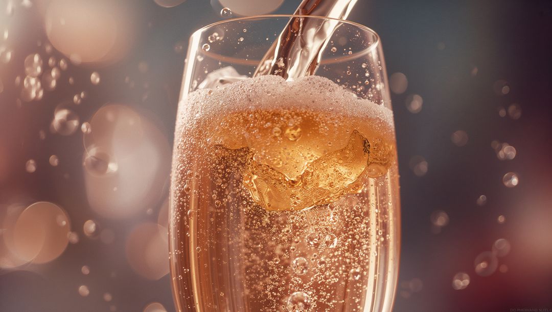 Luxurious sparkling beverage pouring into glass with ice and bubbles