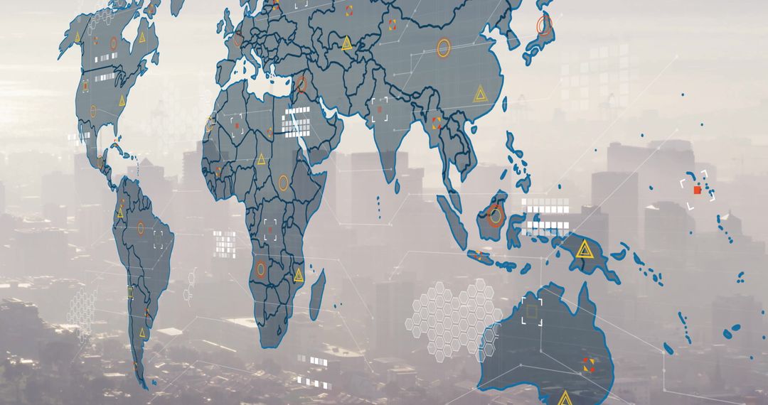 World Map Overlay with Financial Data in Urban Background Digital Concept