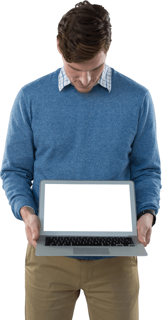 Transparent Young Professional Using Laptop Displaying Screen