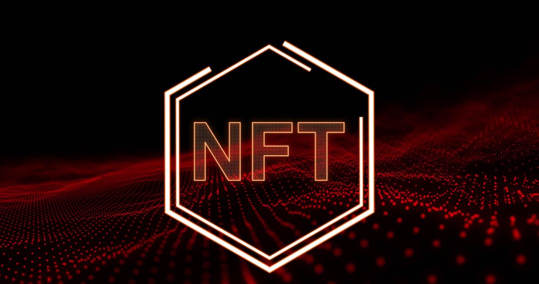 Futuristic NFT Hexagon on Dark Background with Red Matrix