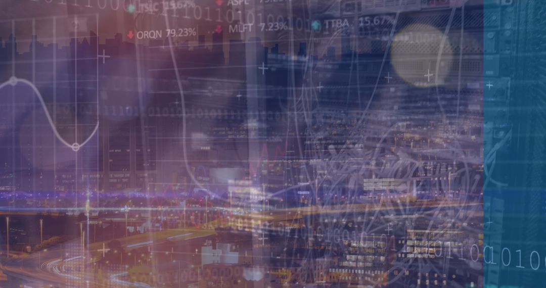 Futuristic Urban Skyline Overlayed with Data Graphics