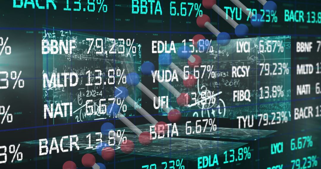 Futuristic Data Visualization with Molecular Model and Stock Market Tickers
