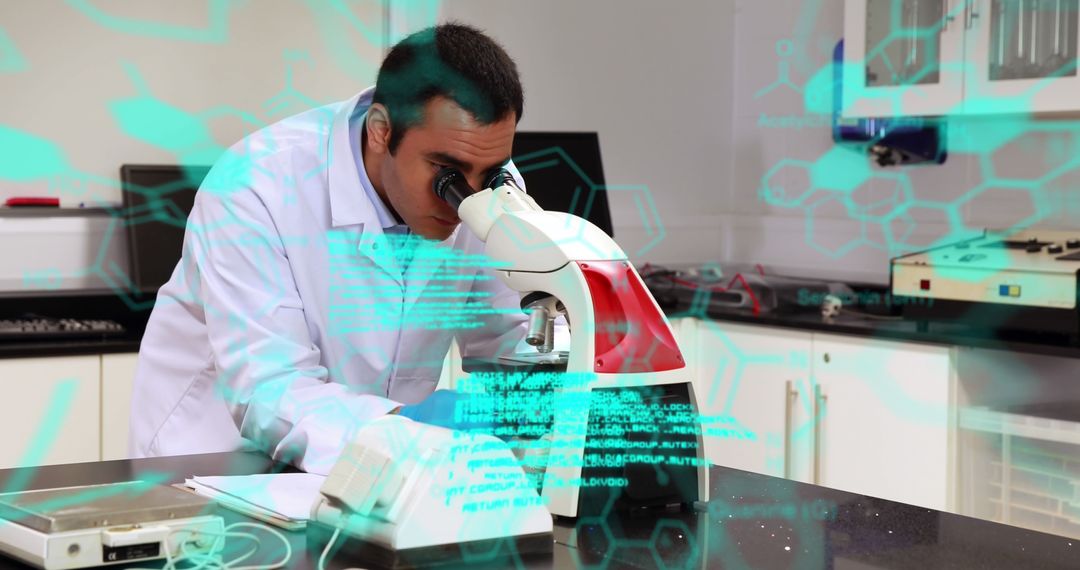 Scientist Examining Slides Through Microscope with Digital Data Overlay - Free Images, Stock Photos and Pictures on Pikwizard.com