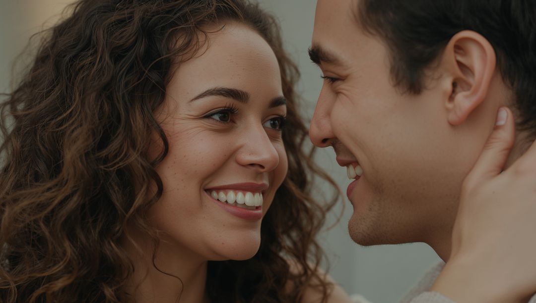 Couple Sharing Intimate Smile While Holding Faces Close and Making Eye Contact